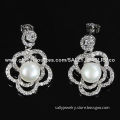 Shiny white imitation pearl drop earrings with filigree flower/zircon stones, OEM/small orders